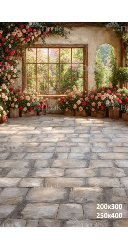 Tło fotograficzne z kamienną podłogą i ogrodem różanym za oknem | 3763